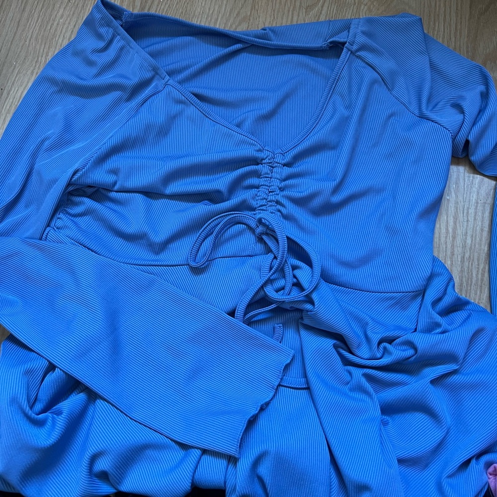 Blue Ruched Long Sleeve Top